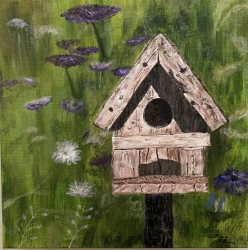 Gloria loved to paint bird houses.  This one is displayed over my piano.